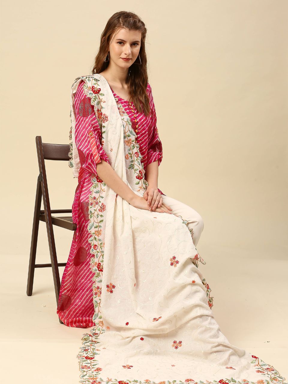 Embroidered off White & Multicoloured Pure Cotton Dupatta with Cutwork Border
