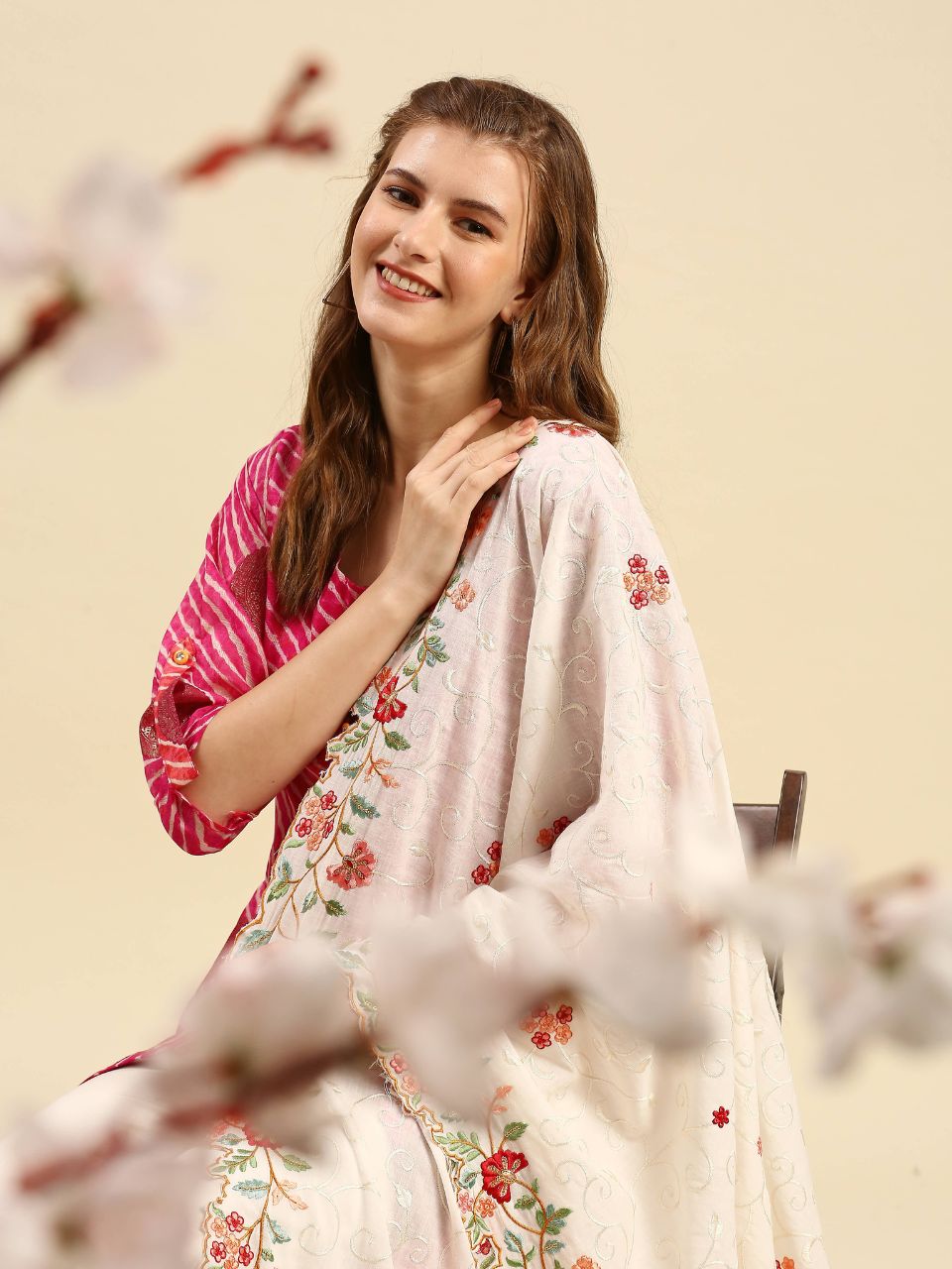 Embroidered off White & Multicoloured Pure Cotton Dupatta with Cutwork Border