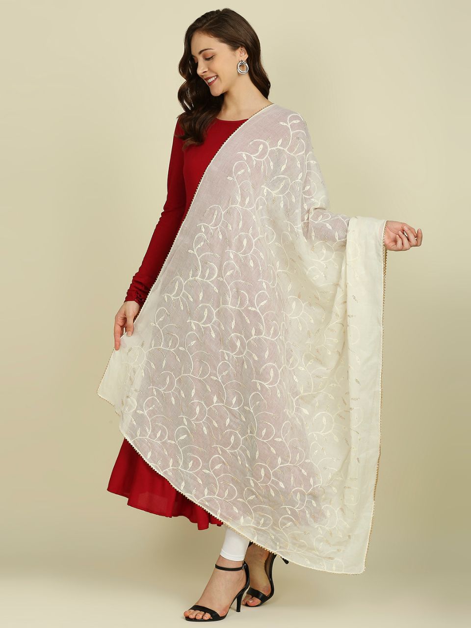 Off White Pure Cotton Dupatta All Over floral embroidery