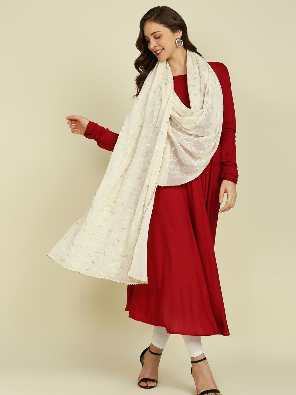 Off White Pure Cotton Dupatta All Over floral embroidery