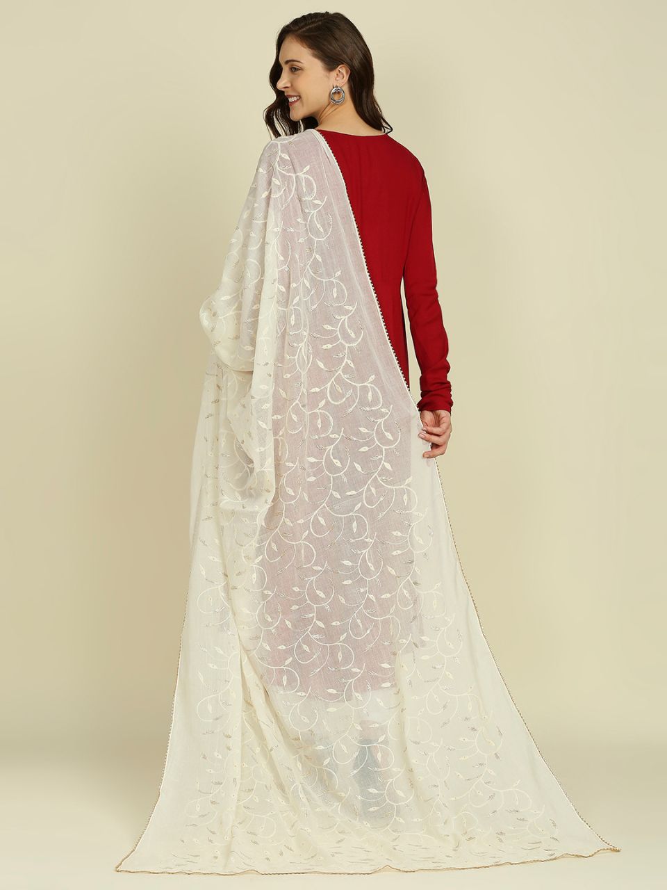 Off White Pure Cotton Dupatta All Over floral embroidery