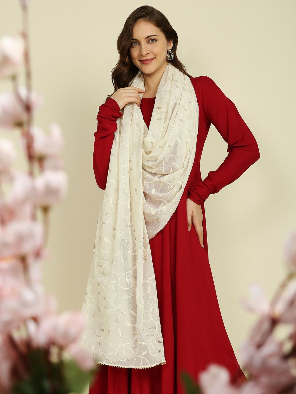 Off White Pure Cotton Dupatta All Over floral embroidery