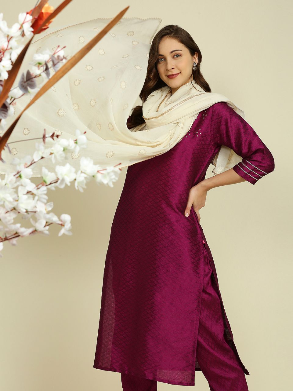 Off White Pure Cotton Dupatta All Over floral embroidery