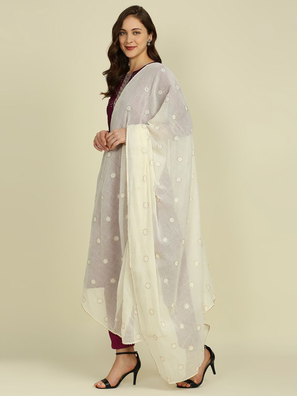 Off White Pure Cotton Dupatta All Over floral embroidery