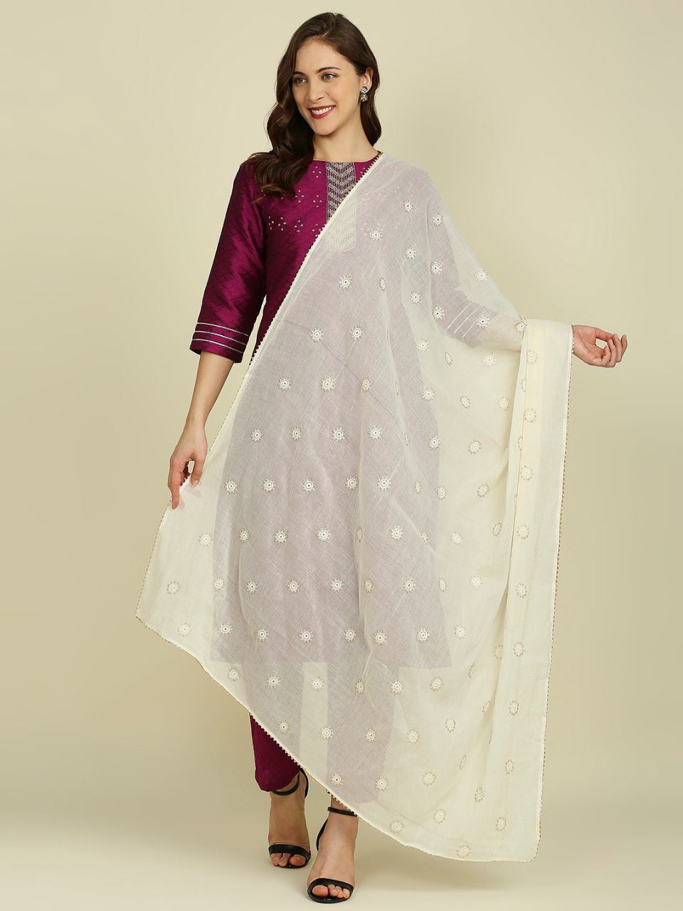 Off White Pure Cotton Dupatta All Over floral embroidery