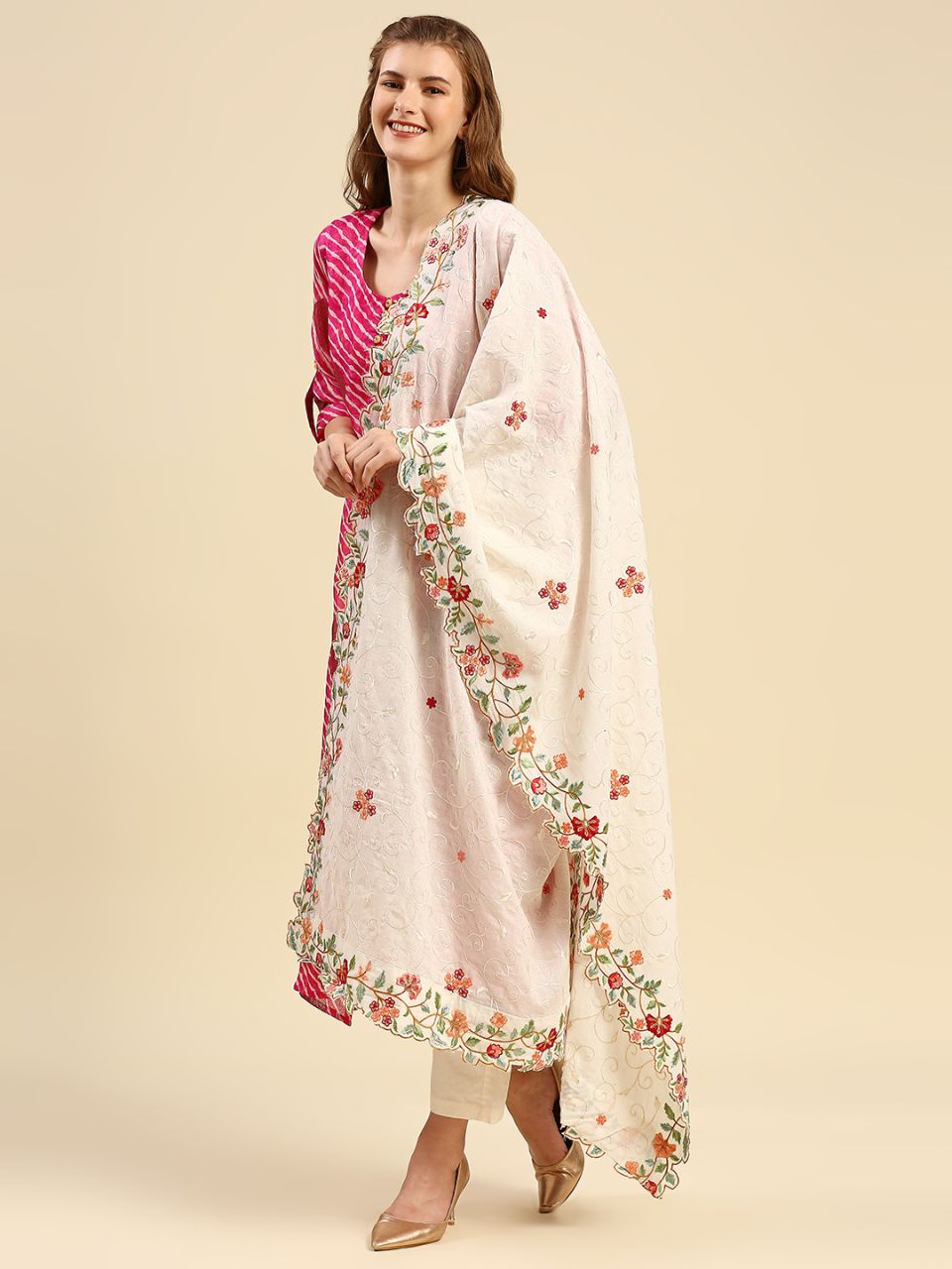 Embroidered off White & Multicoloured Pure Cotton Dupatta with Cutwork Border
