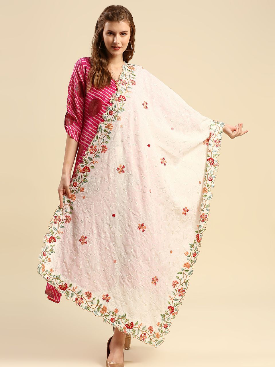 Embroidered off White & Multicoloured Pure Cotton Dupatta with Cutwork Border