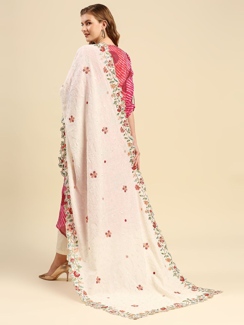 Embroidered off White & Multicoloured Pure Cotton Dupatta with Cutwork Border