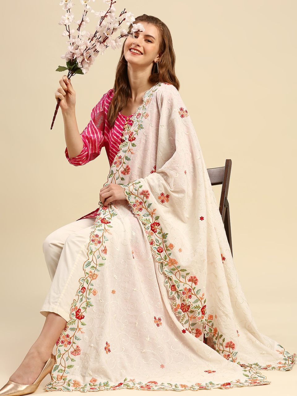 Embroidered off White & Multicoloured Pure Cotton Dupatta with Cutwork Border