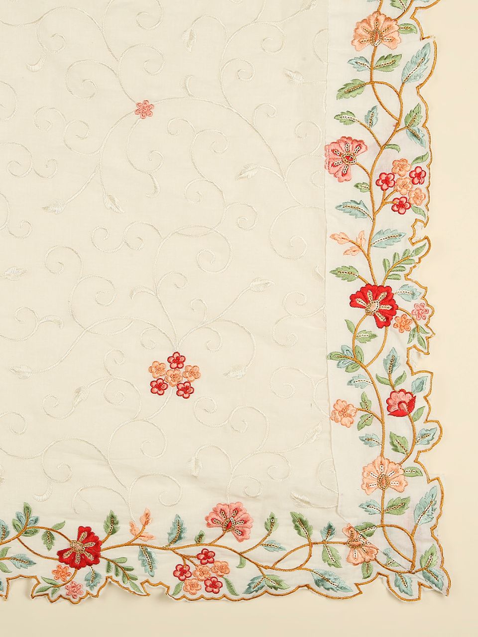 Embroidered off White & Multicoloured Pure Cotton Dupatta with Cutwork Border