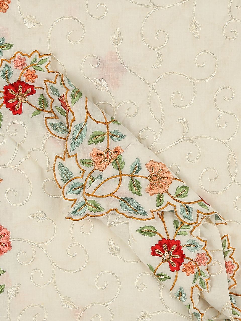 Embroidered off White & Multicoloured Pure Cotton Dupatta with Cutwork Border