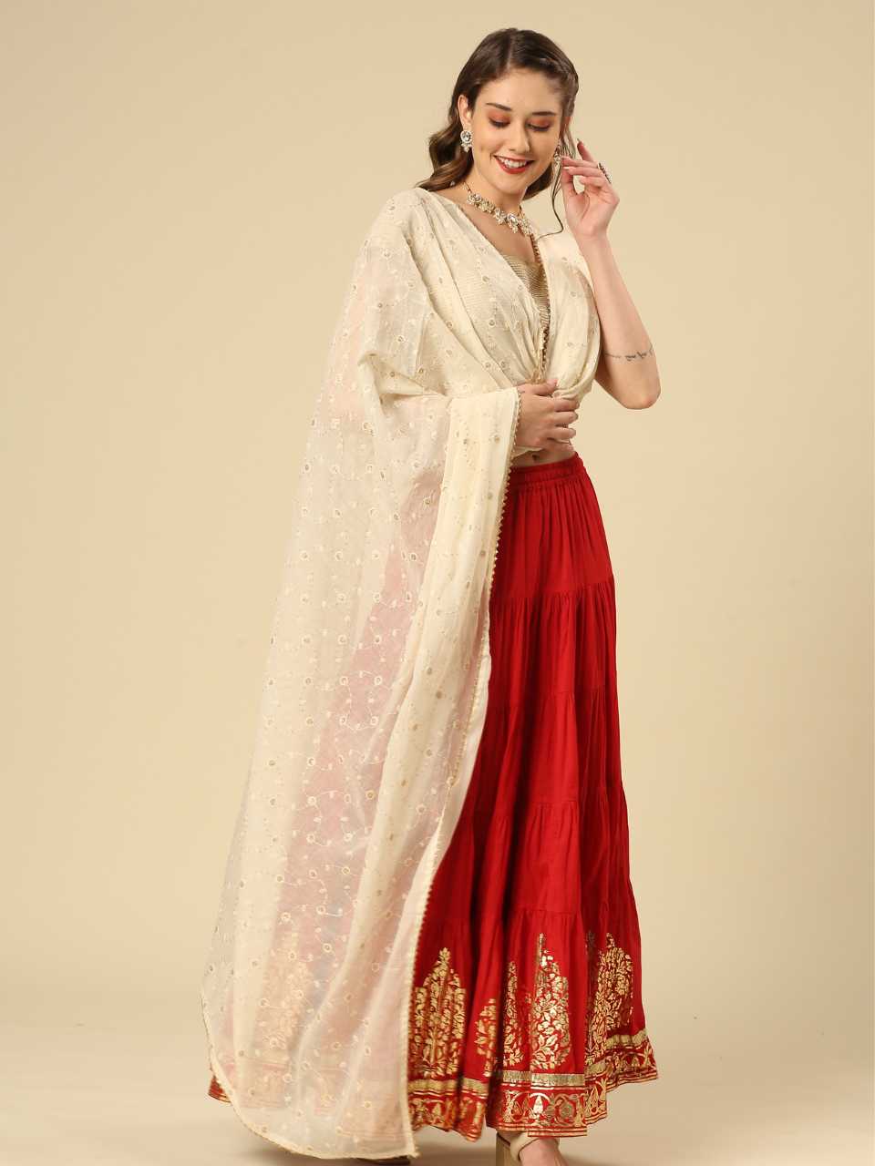 Cream Pure Cotton Dupatta All Over floral embroidery