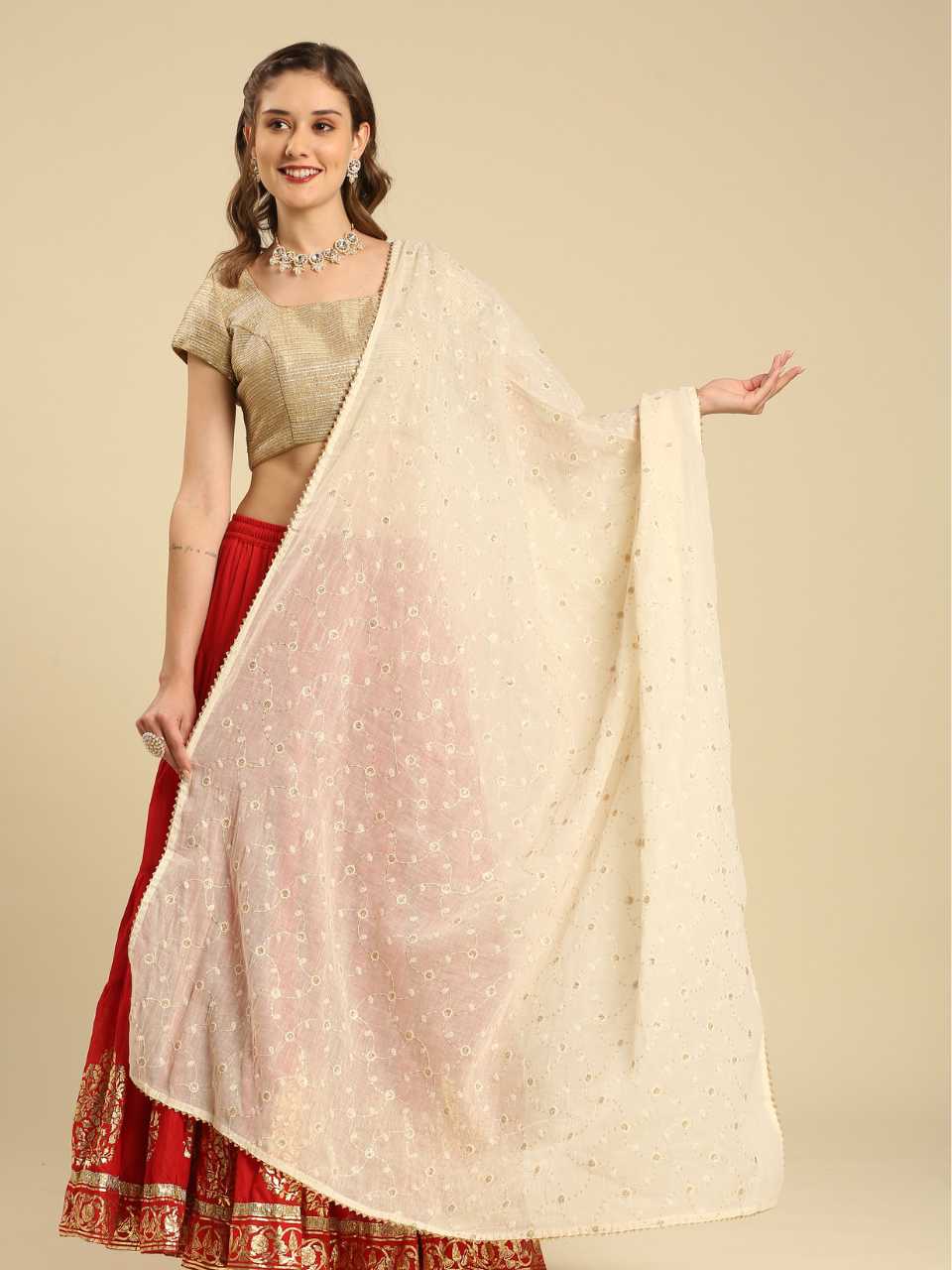Cream Pure Cotton Dupatta All Over floral embroidery