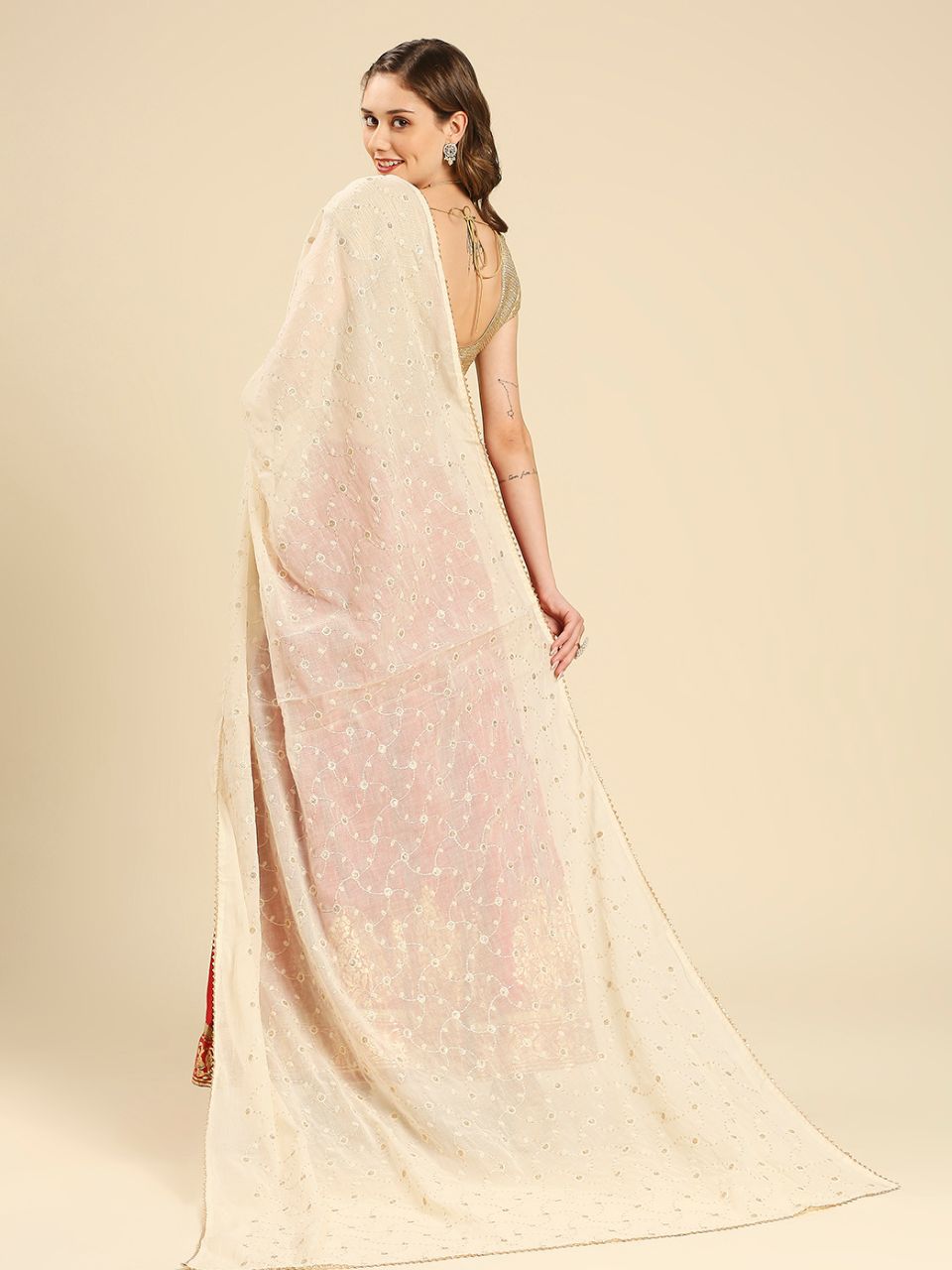 Cream Pure Cotton Dupatta All Over floral embroidery