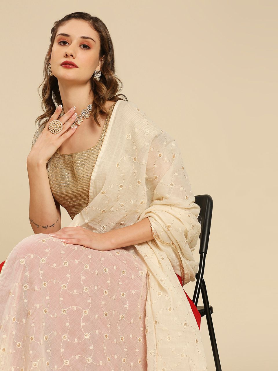 Cream Pure Cotton Dupatta All Over floral embroidery