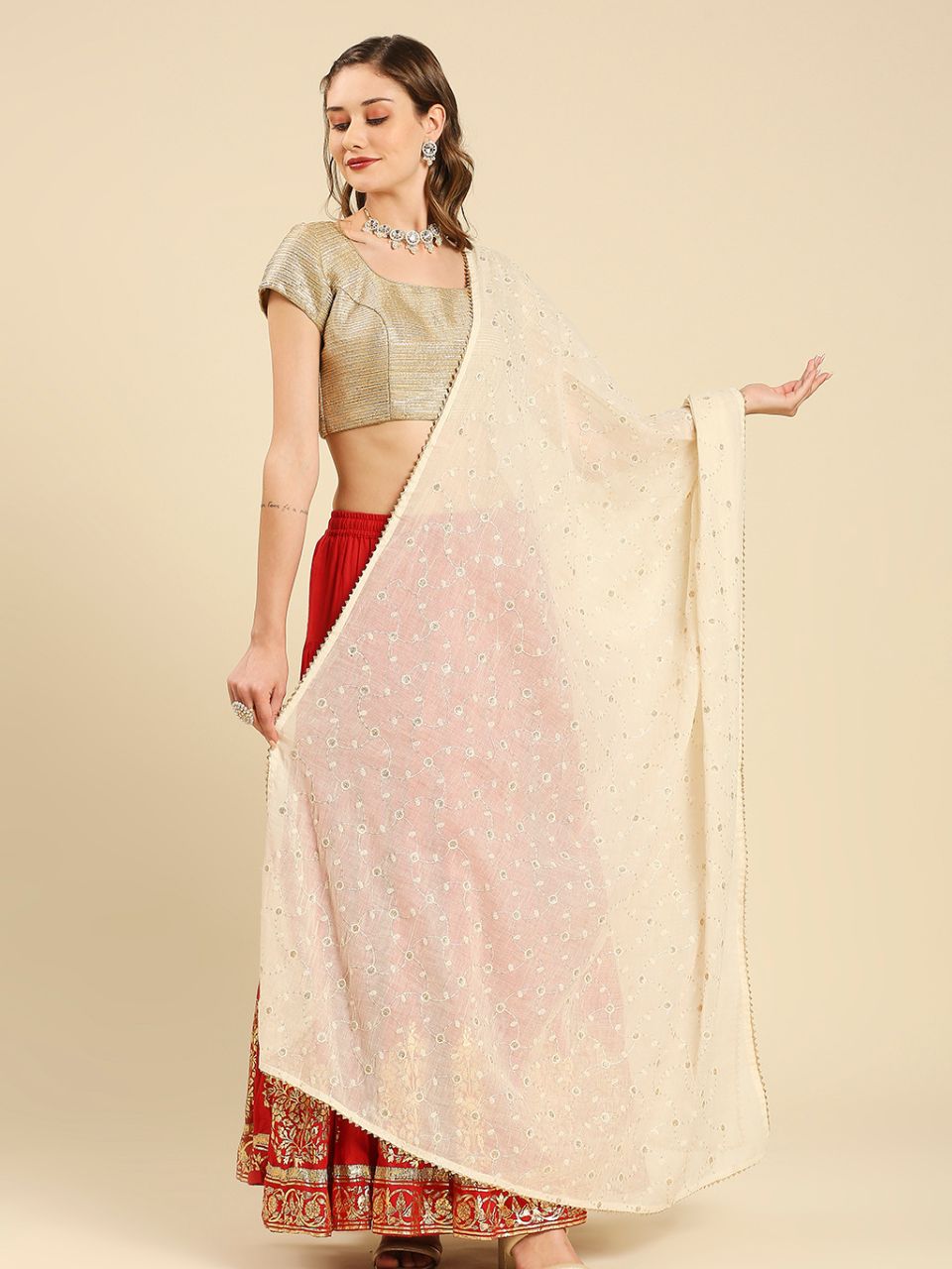 Cream Pure Cotton Dupatta All Over floral embroidery