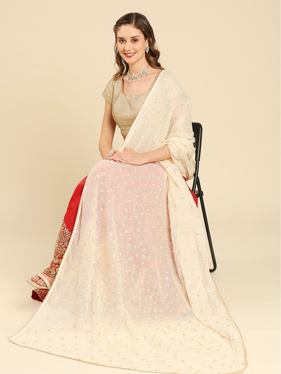 Cream Pure Cotton Dupatta All Over floral embroidery