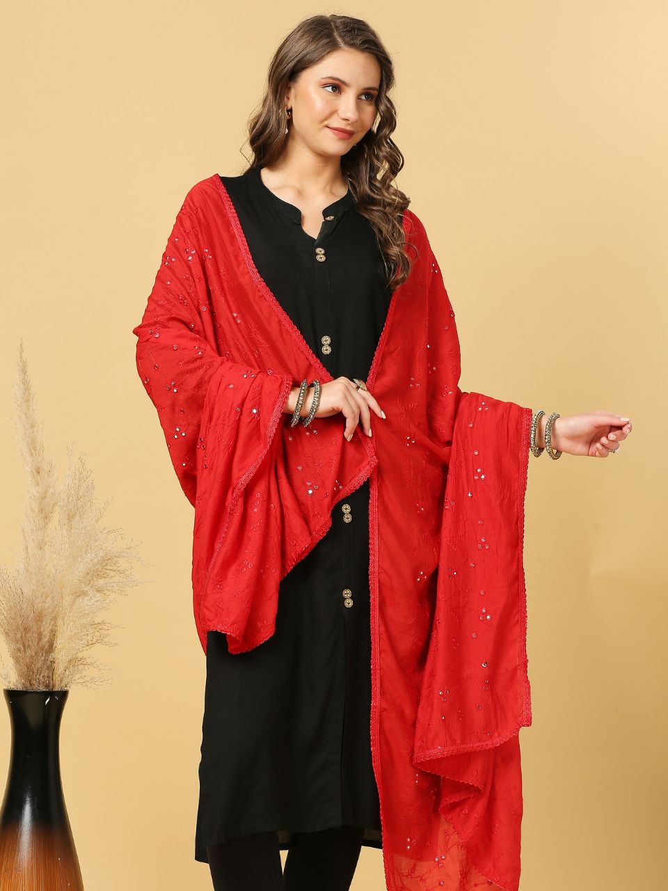 Chanderi Cotton Embroidered Dupatta with Mirror Work.