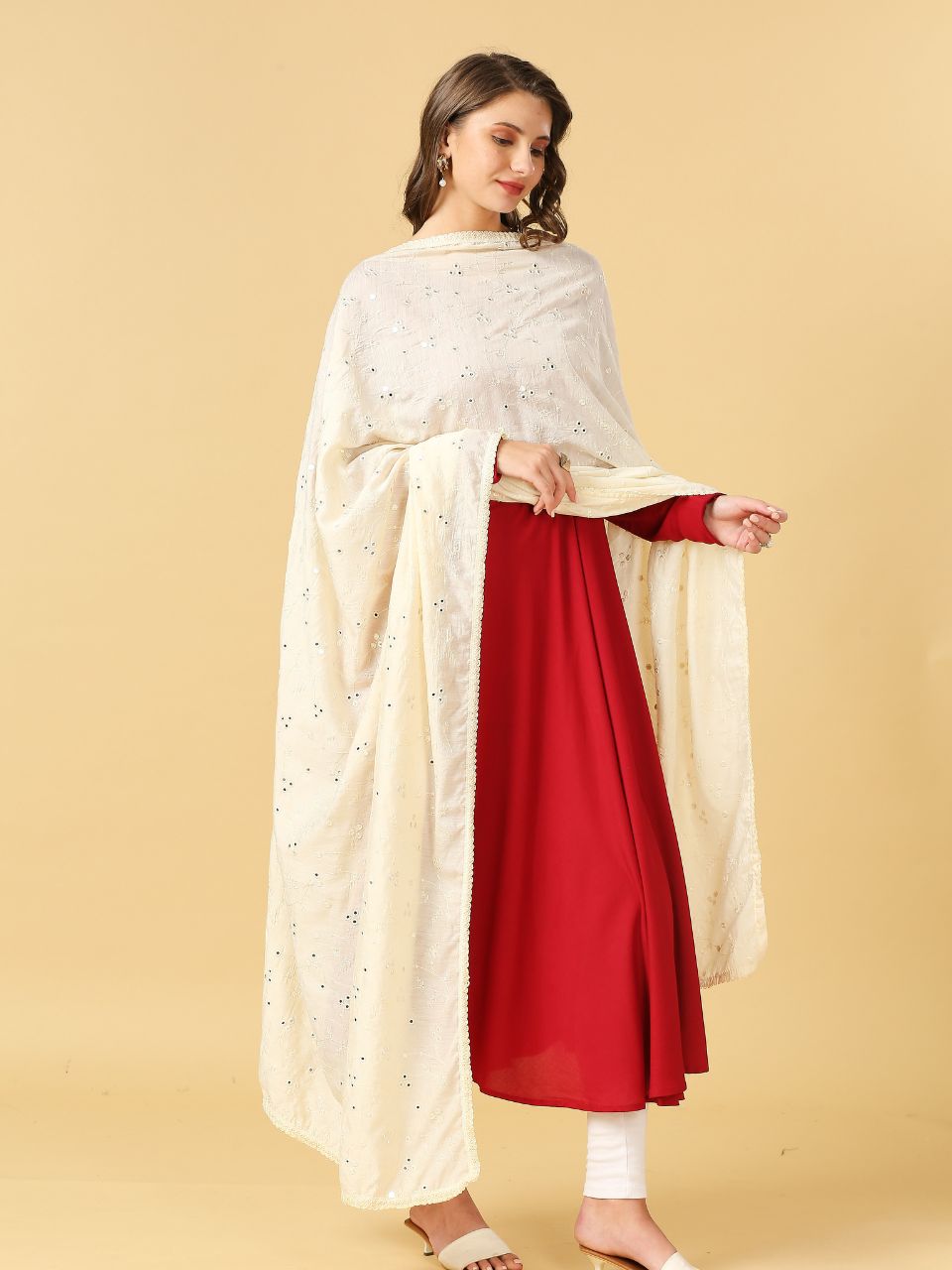 Chanderi Cotton Embroidered Dupatta with Mirror Work.