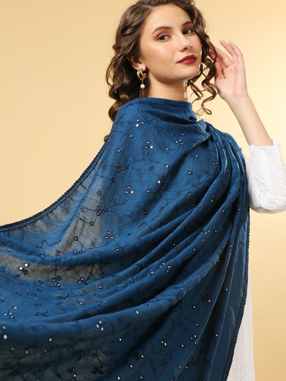 Chanderi Cotton Embroidered Dupatta with Mirror Work.