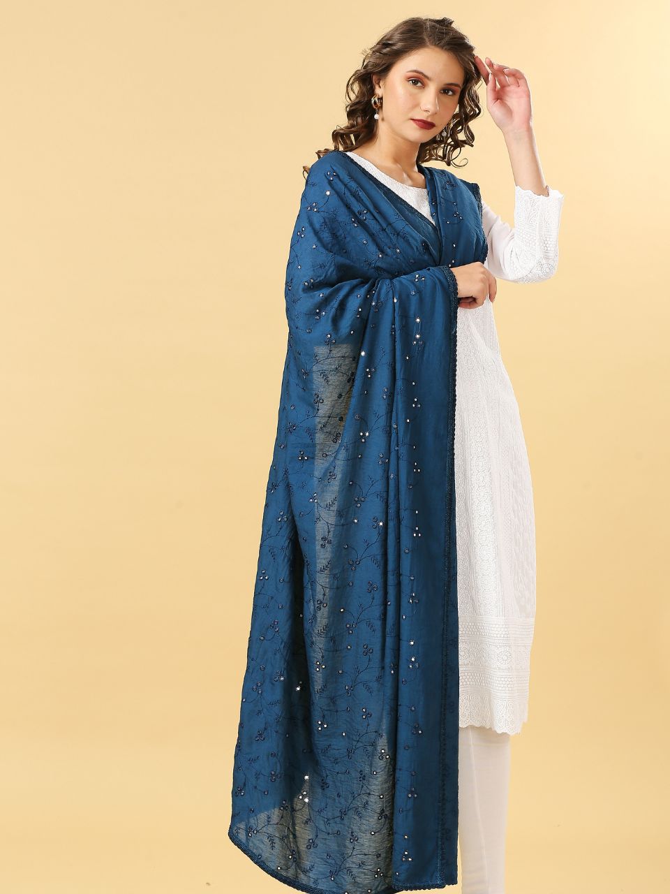 Chanderi Cotton Embroidered Dupatta with Mirror Work.