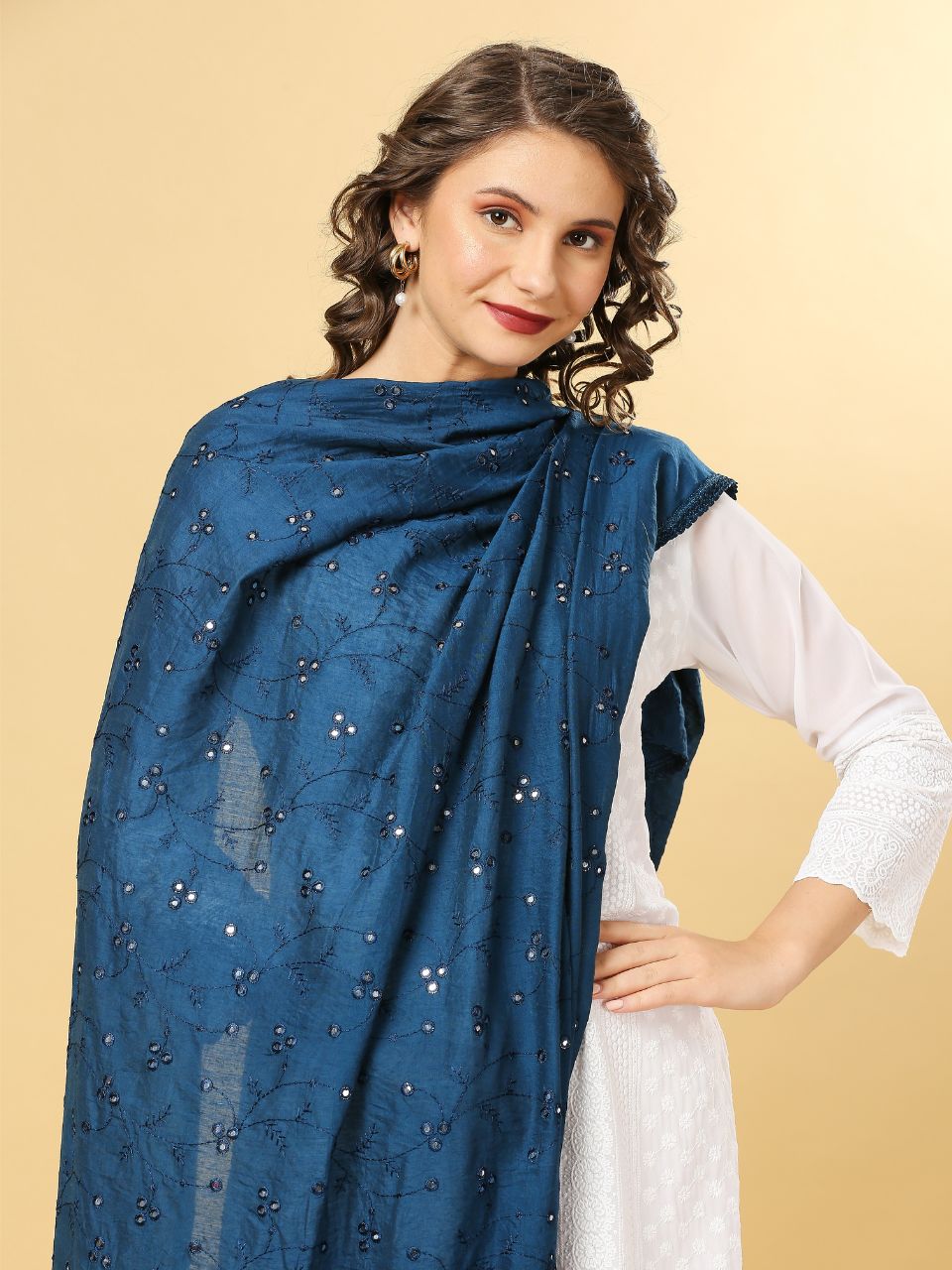 Chanderi Cotton Embroidered Dupatta with Mirror Work.