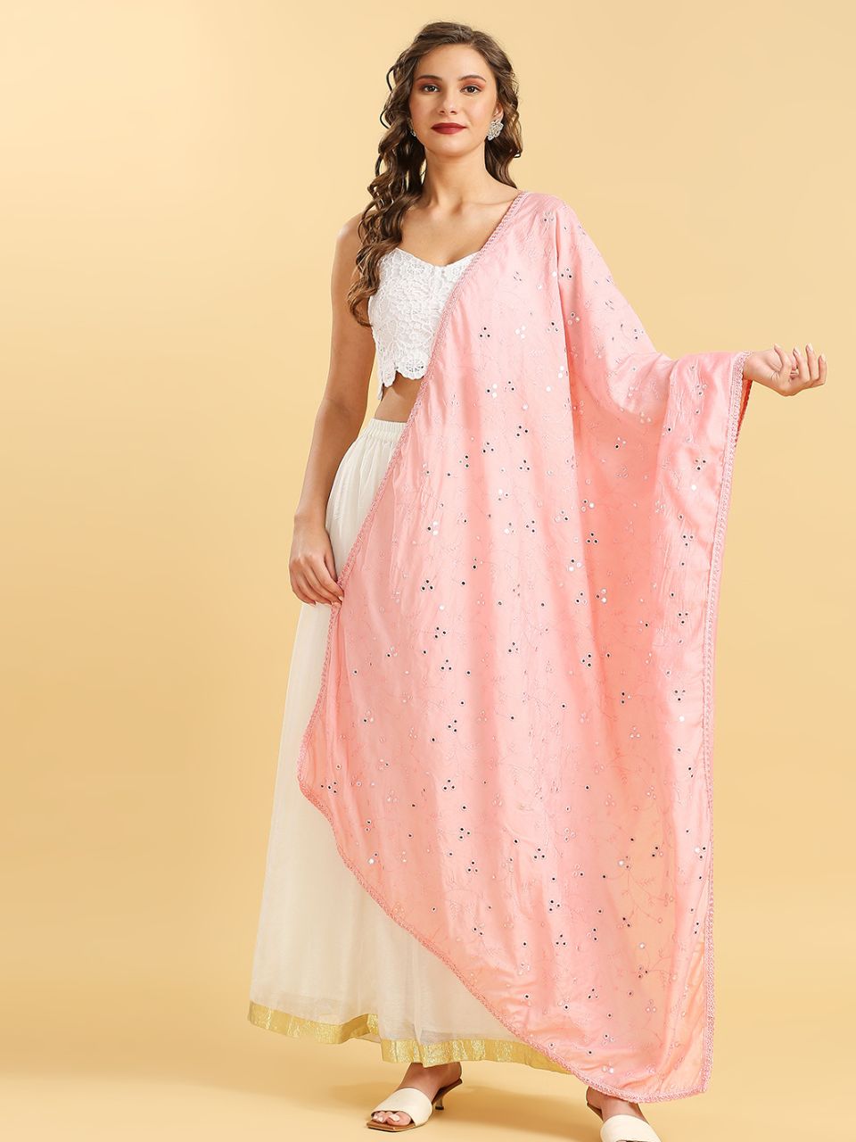 Chanderi Cotton Embroidered Dupatta with Mirror Work.