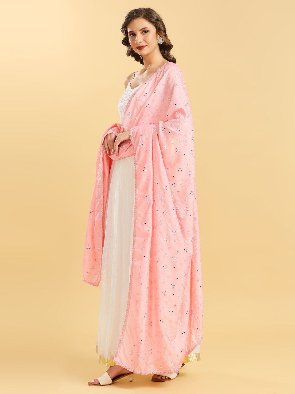 Chanderi Cotton Embroidered Dupatta with Mirror Work.