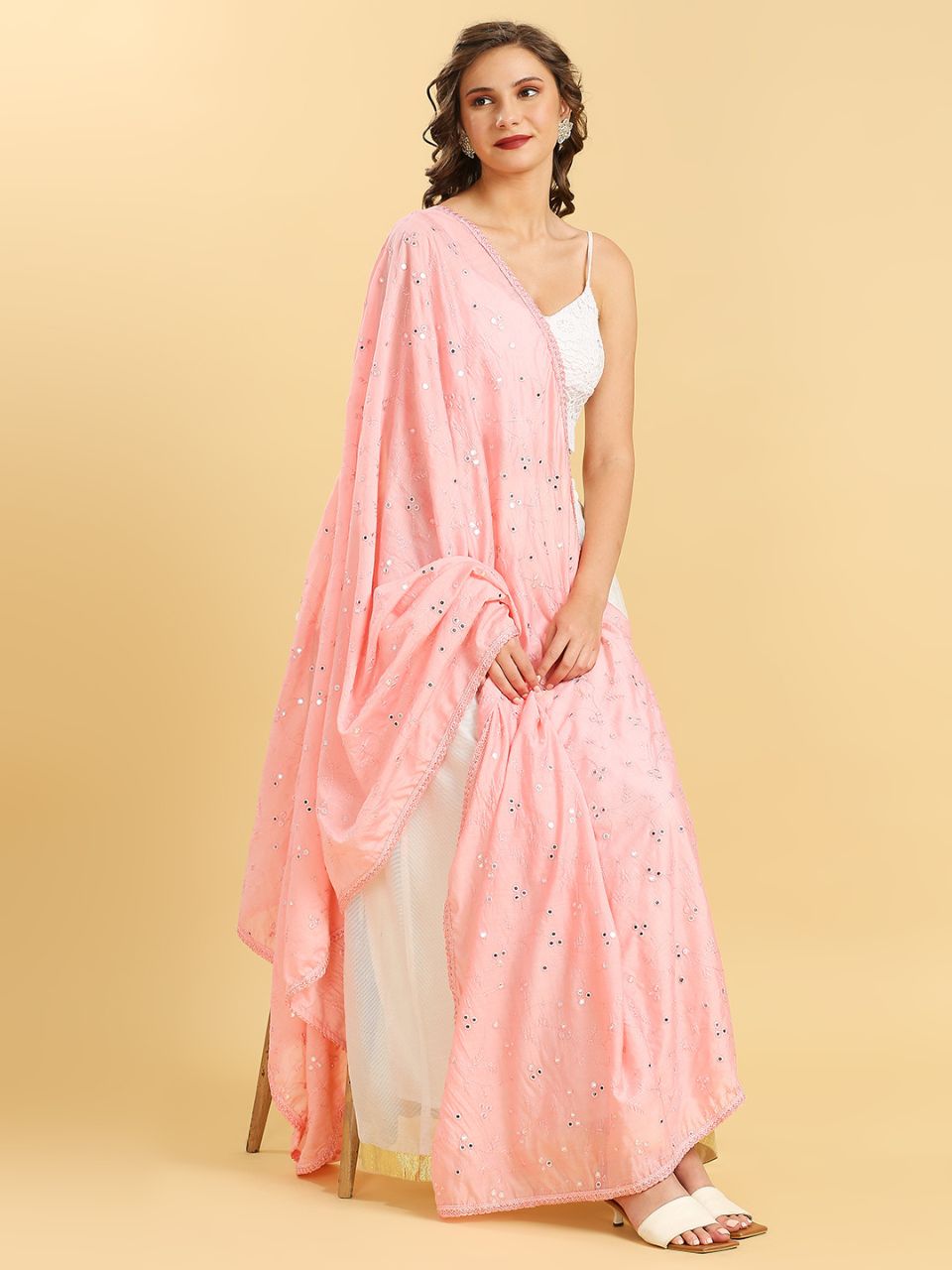 Chanderi Cotton Embroidered Dupatta with Mirror Work.