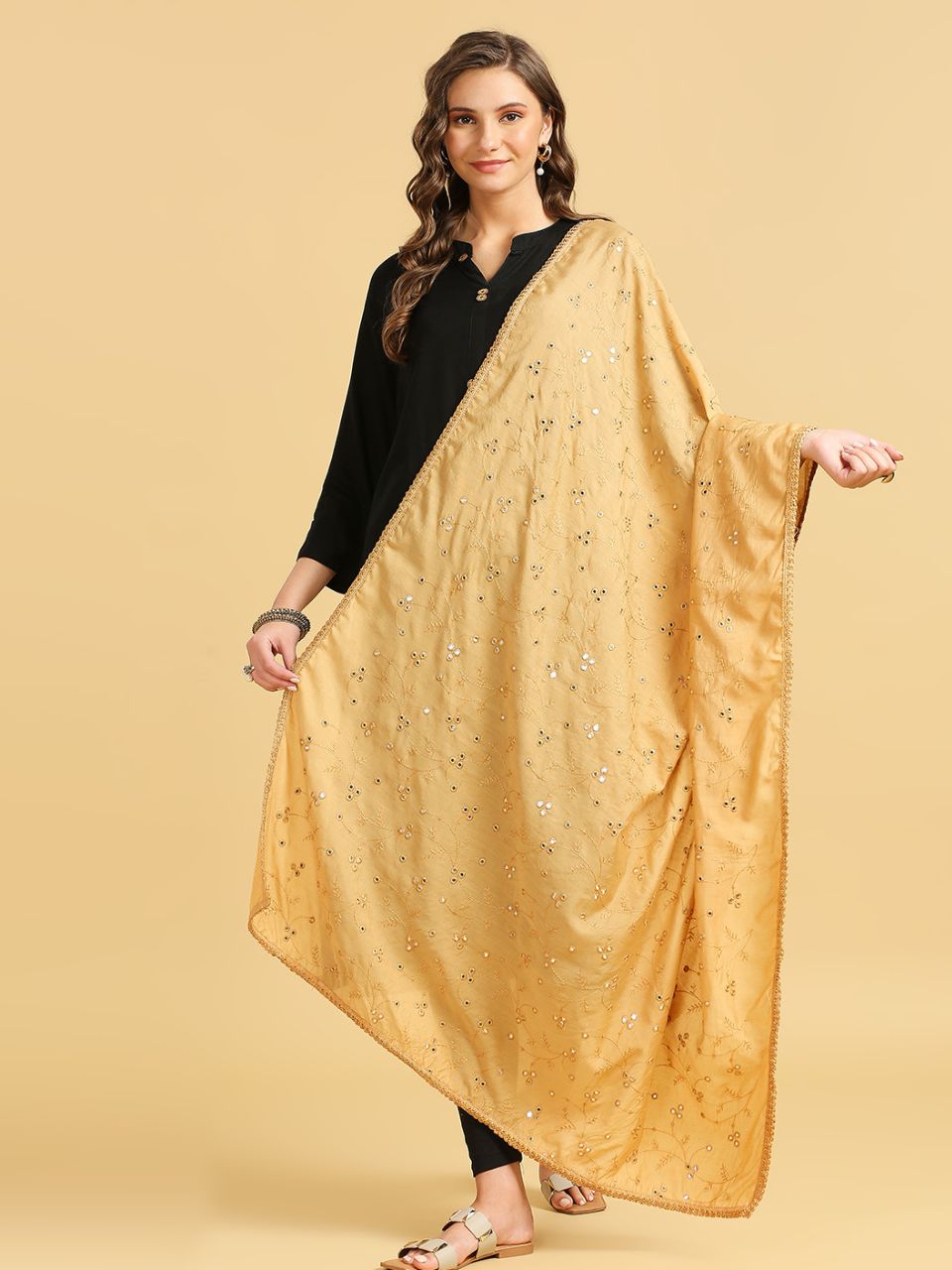 Chanderi Cotton Embroidered Dupatta with Mirror Work.