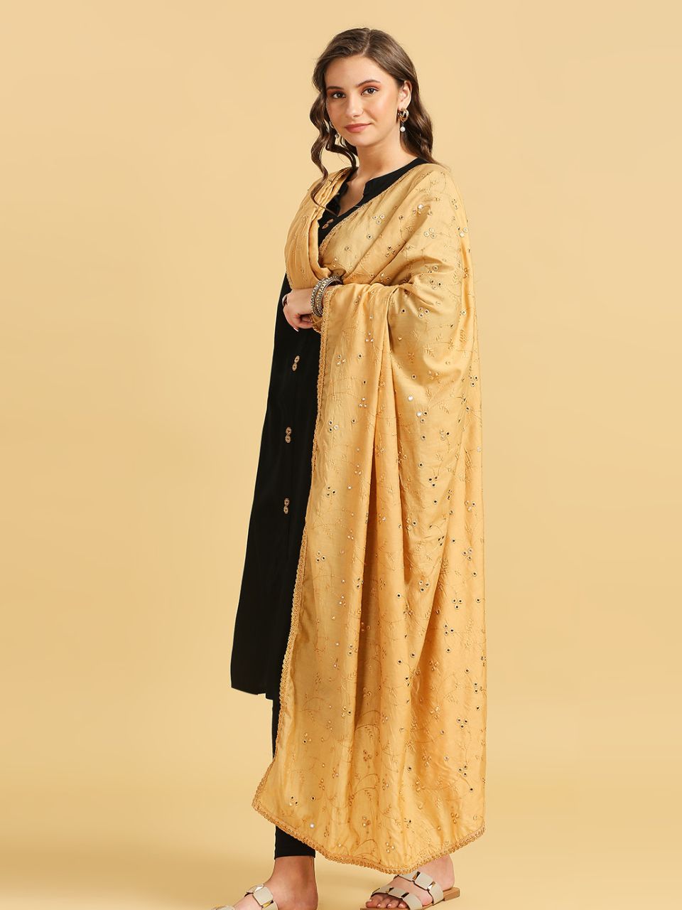 Chanderi Cotton Embroidered Dupatta with Mirror Work.