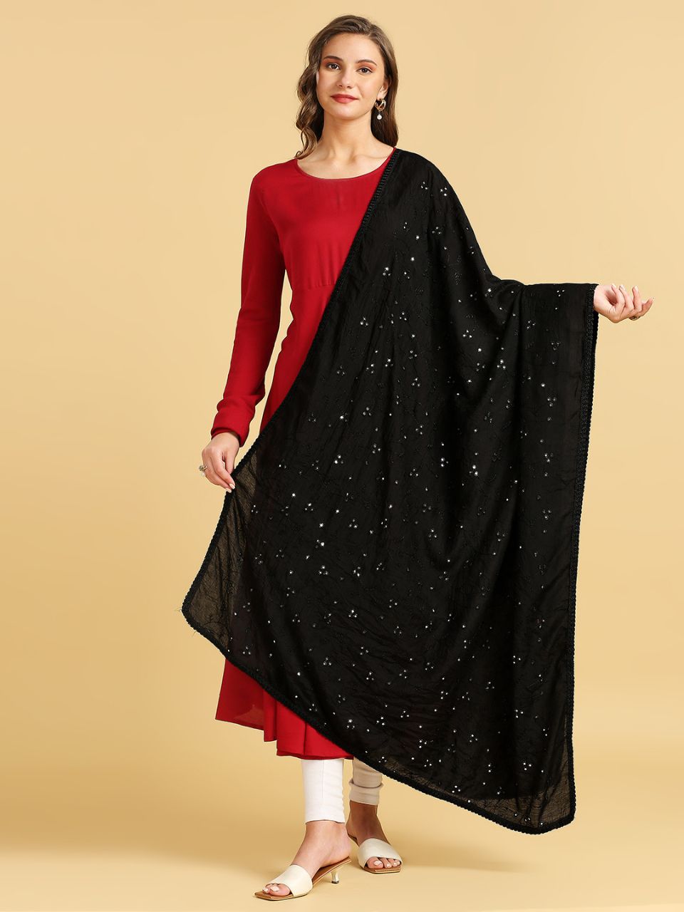 Chanderi Cotton Embroidered Dupatta with Mirror Work.