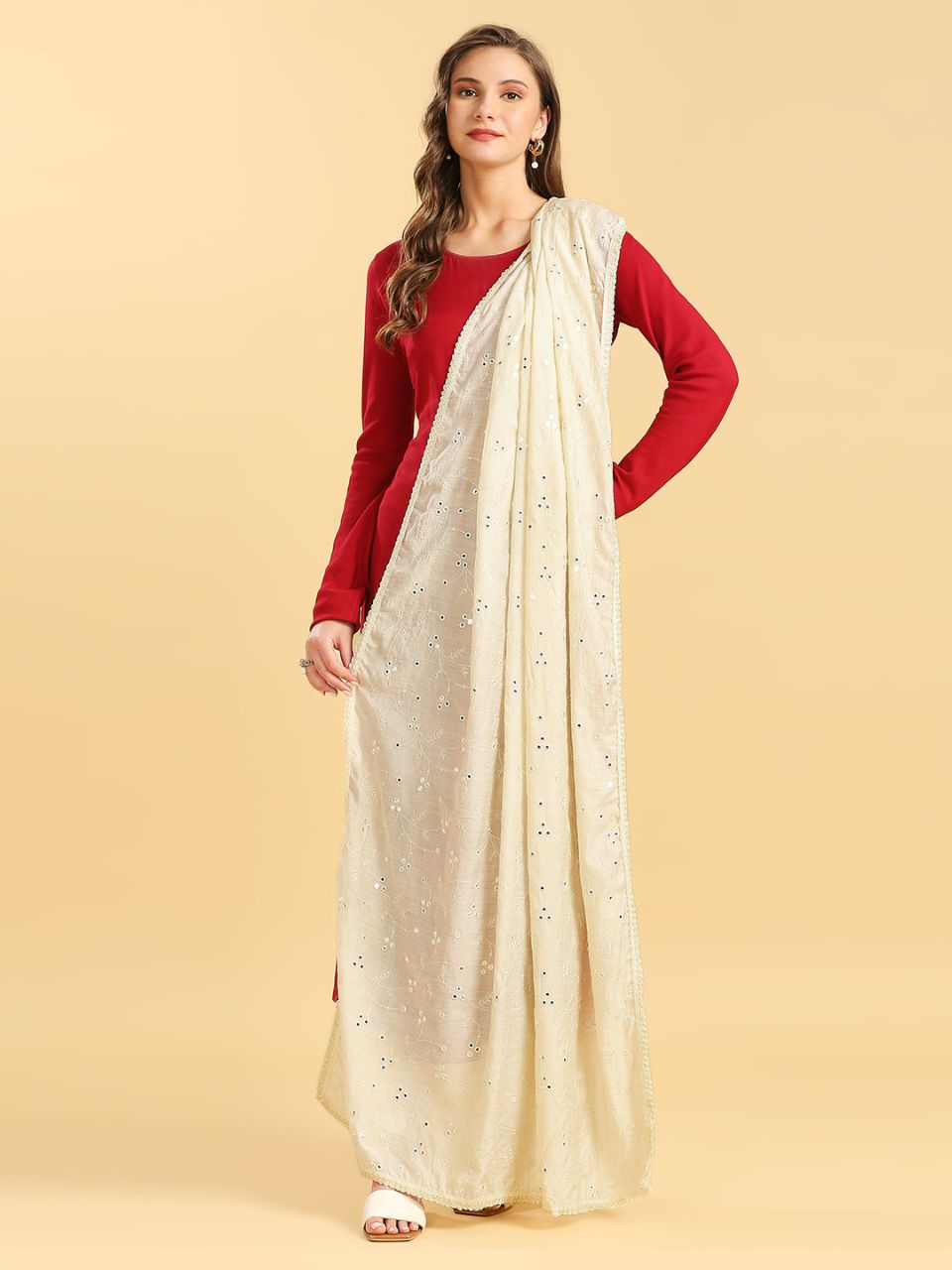 Chanderi Cotton Embroidered Dupatta with Mirror Work.