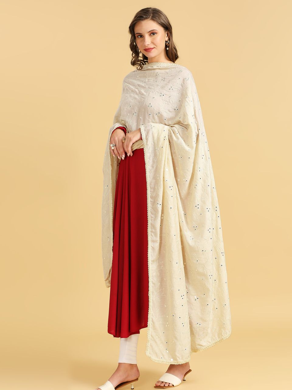 Chanderi Cotton Embroidered Dupatta with Mirror Work.