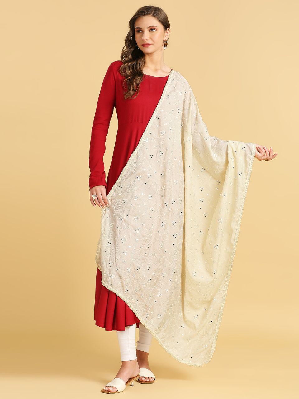 Chanderi Cotton Embroidered Dupatta with Mirror Work.