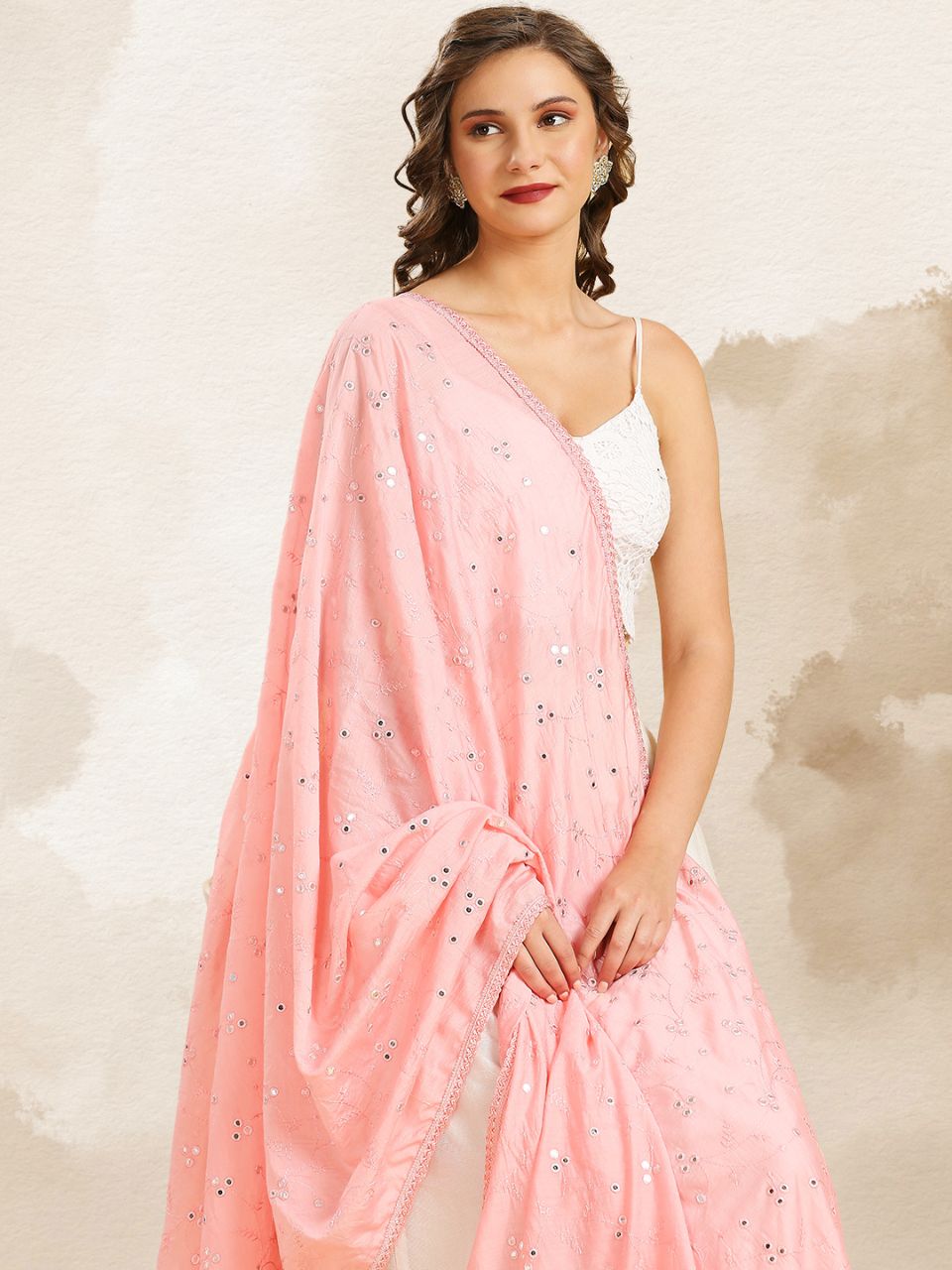 Chanderi Cotton Embroidered Dupatta with Mirror Work.