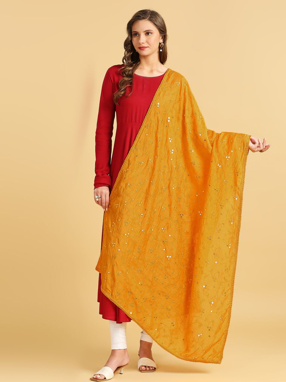 Chanderi Cotton Embroidered Dupatta with Mirror Work.