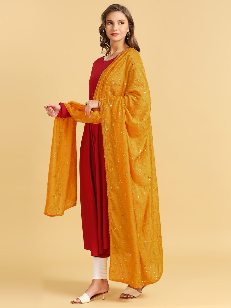 Chanderi Cotton Embroidered Dupatta with Mirror Work.