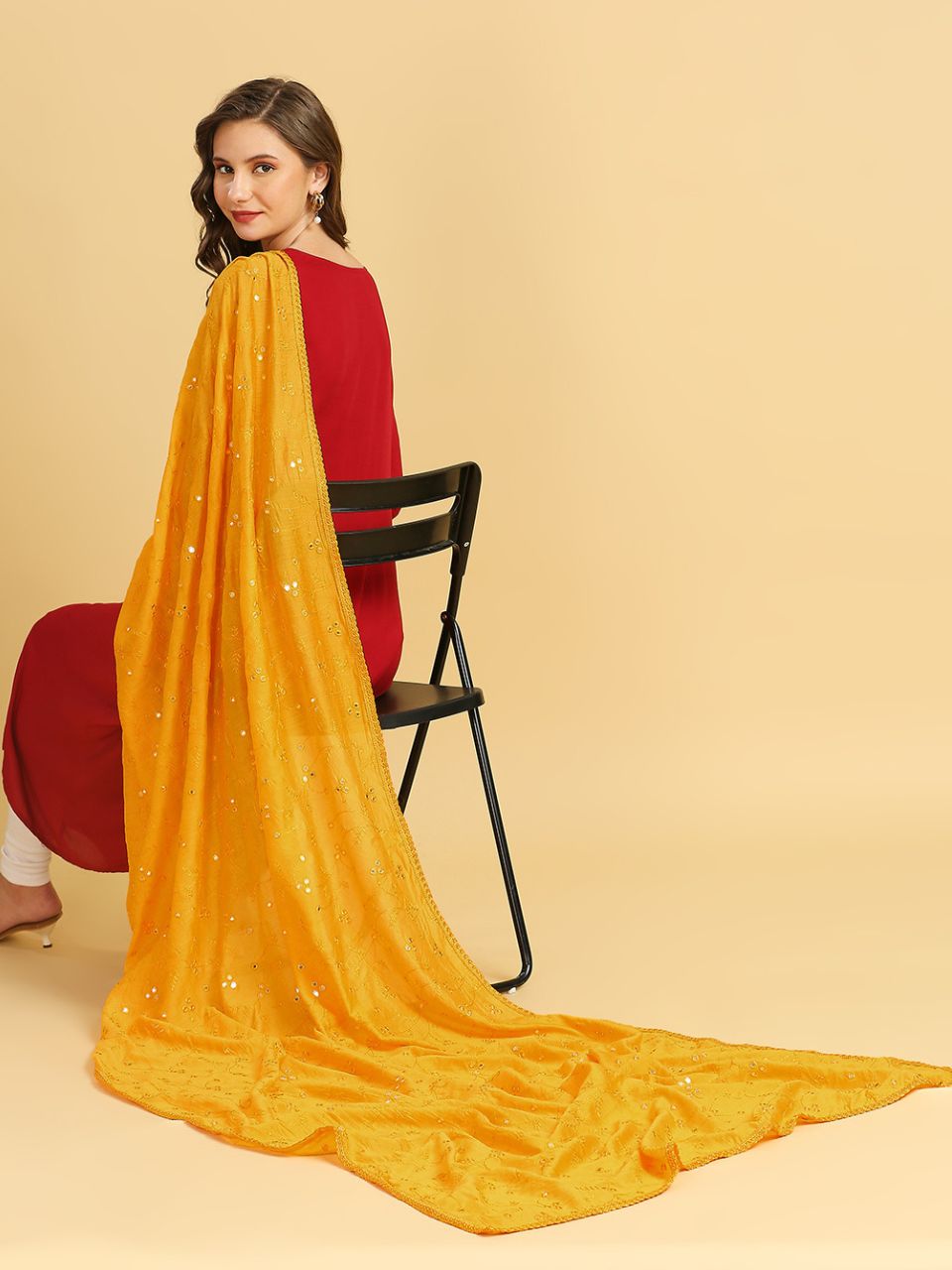 Chanderi Cotton Embroidered Dupatta with Mirror Work.