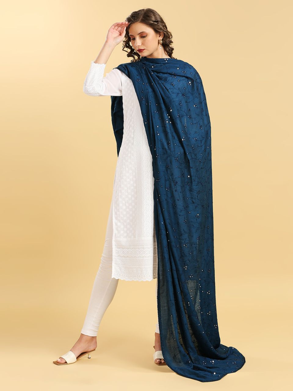 Chanderi Cotton Embroidered Dupatta with Mirror Work.
