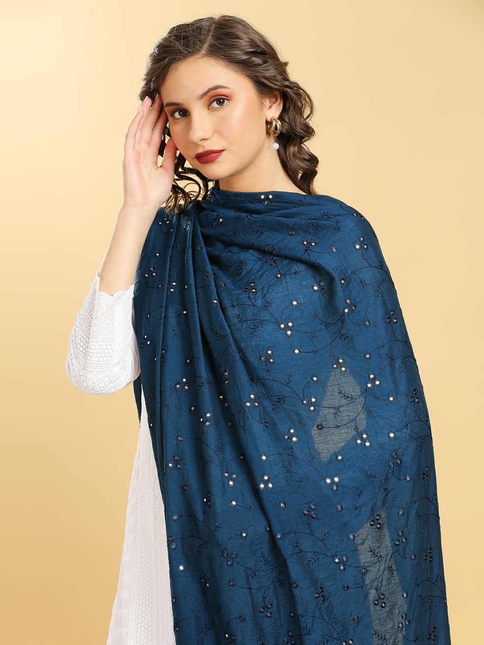 Chanderi Cotton Embroidered Dupatta with Mirror Work.