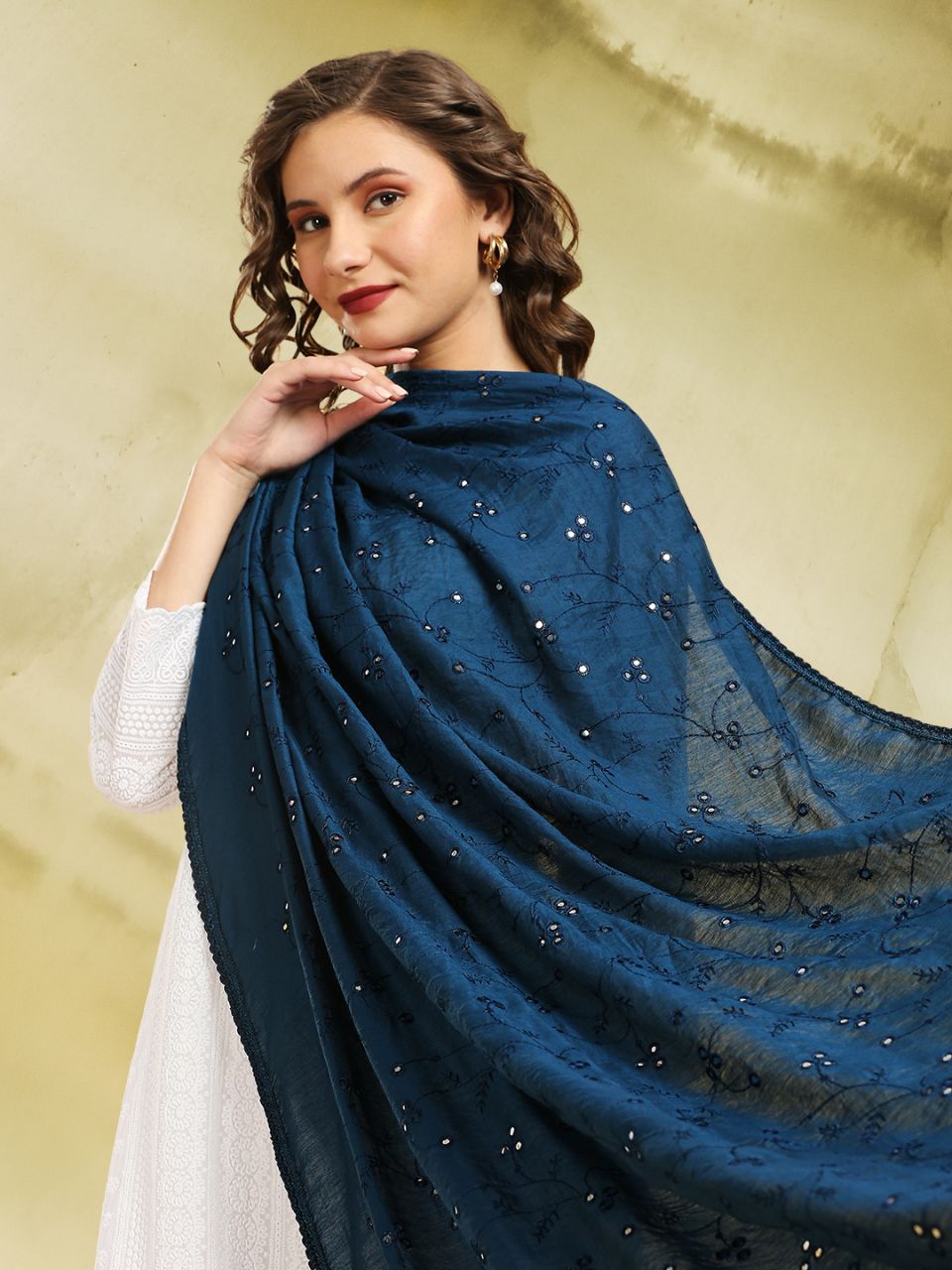 Chanderi Cotton Embroidered Dupatta with Mirror Work.