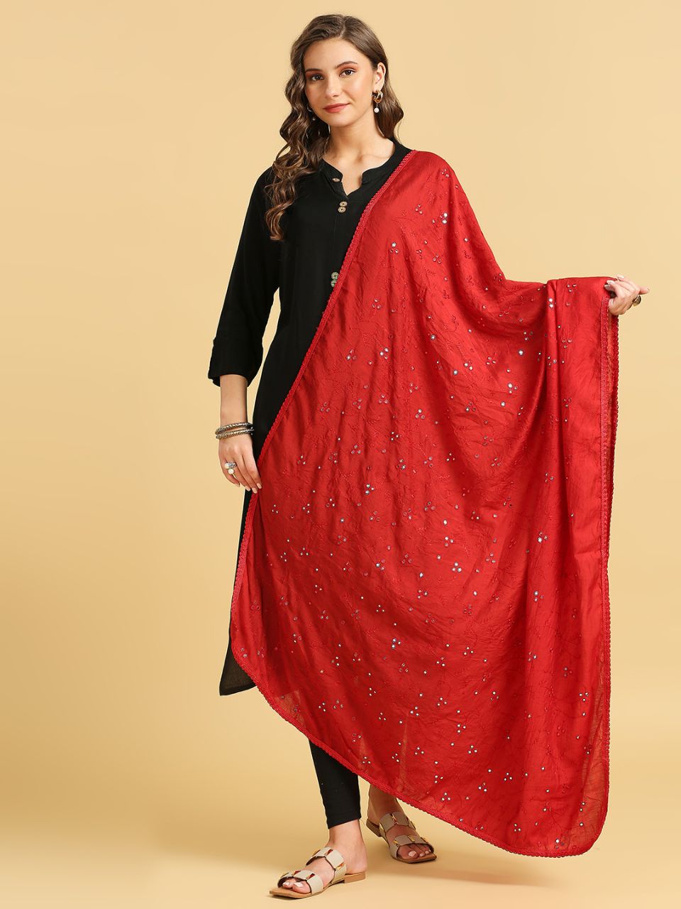 Chanderi Cotton Embroidered Dupatta with Mirror Work.