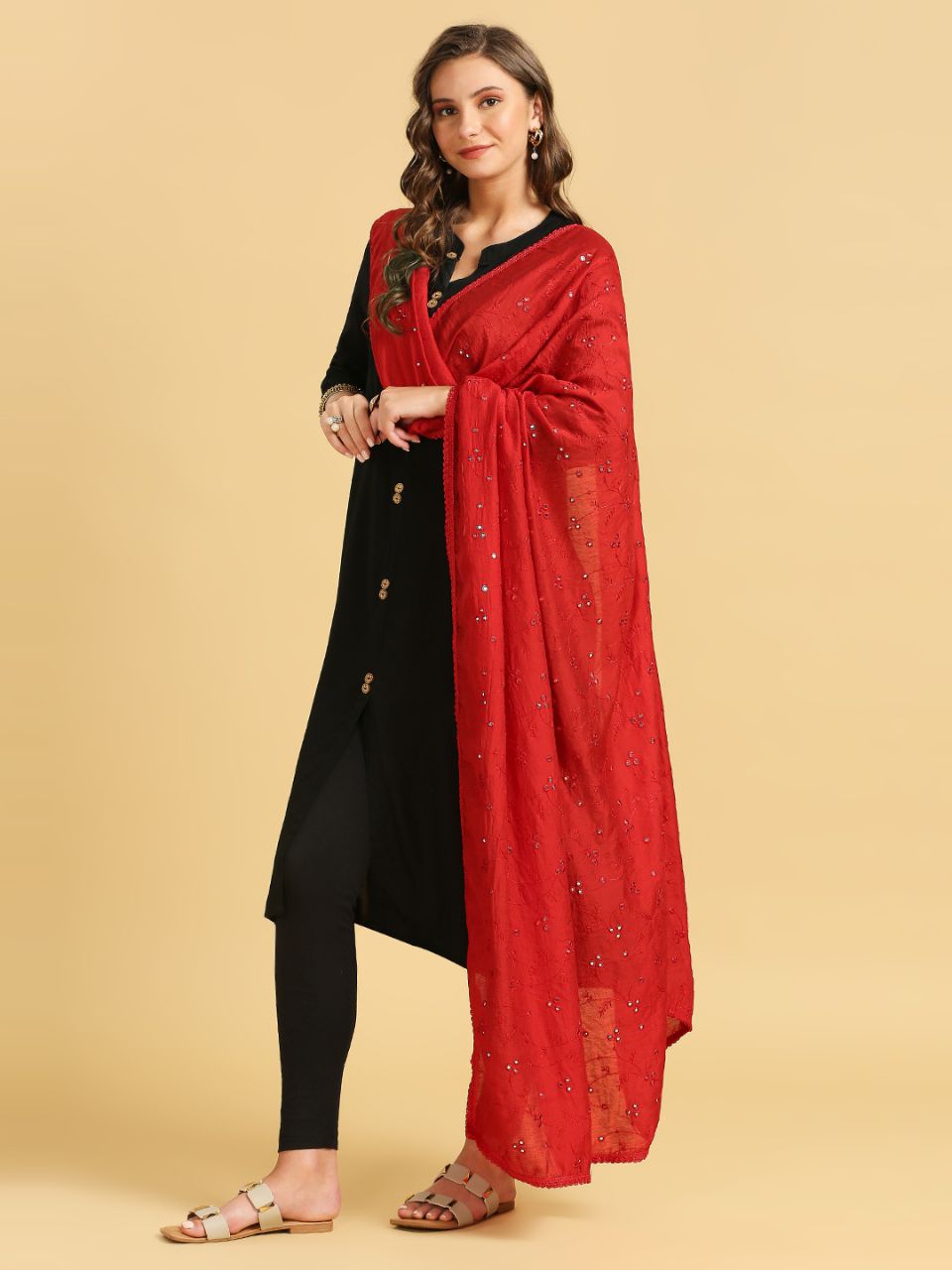 Chanderi Cotton Embroidered Dupatta with Mirror Work.