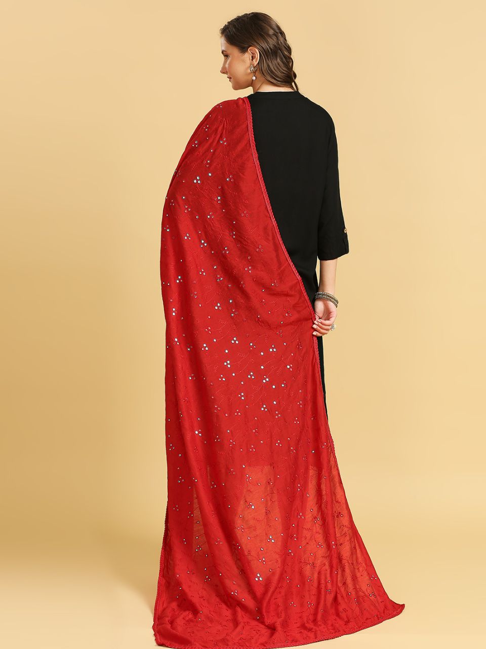 Chanderi Cotton Embroidered Dupatta with Mirror Work.