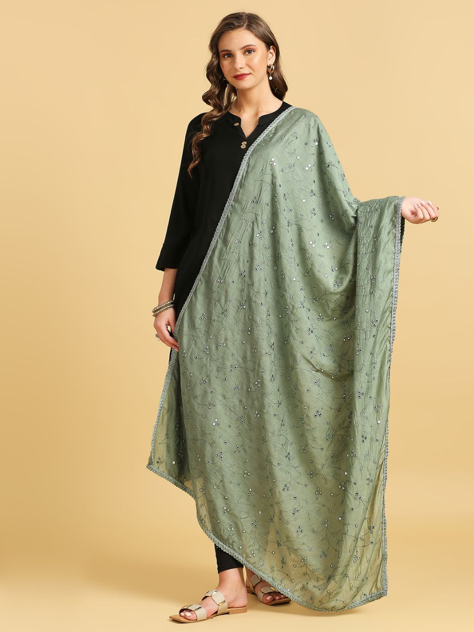 Chanderi Cotton Embroidered Dupatta with Mirror Work.