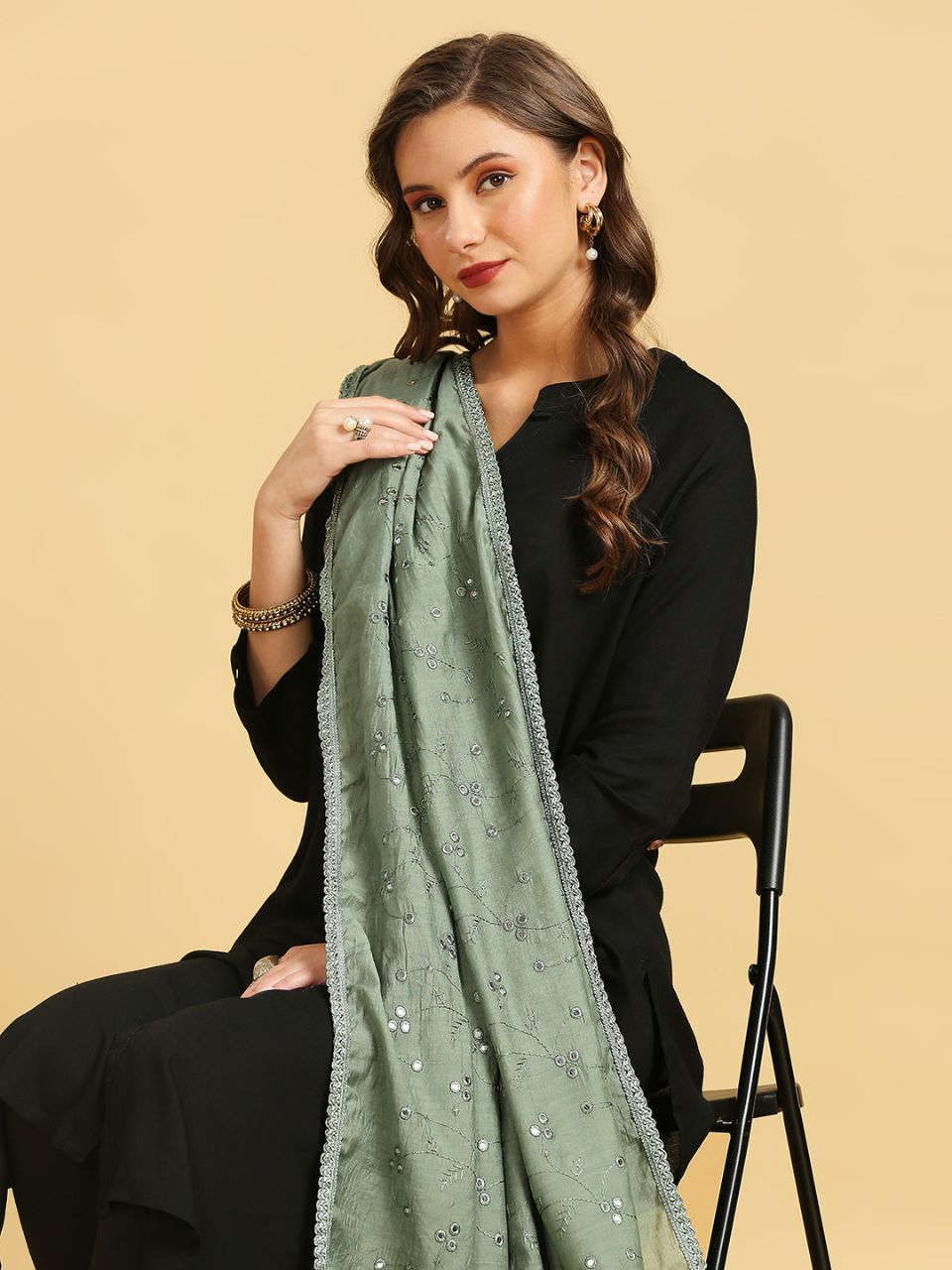 Chanderi Cotton Embroidered Dupatta with Mirror Work.