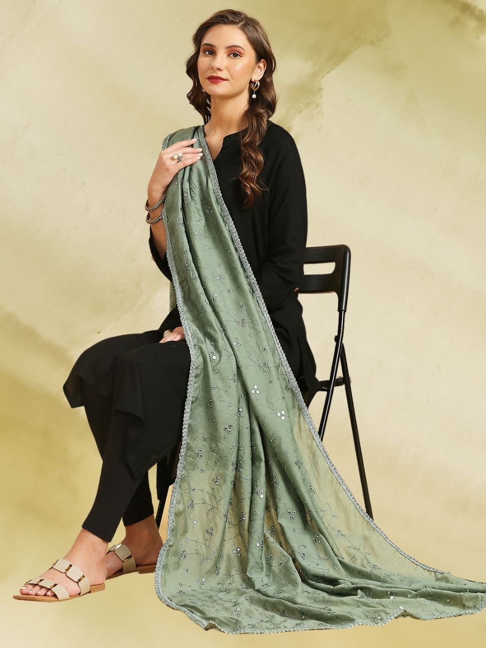 Chanderi Cotton Embroidered Dupatta with Mirror Work.