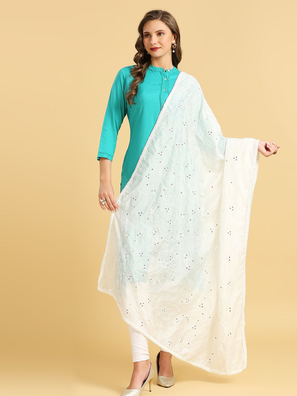 Chanderi Cotton Embroidered Dupatta with Mirror Work.