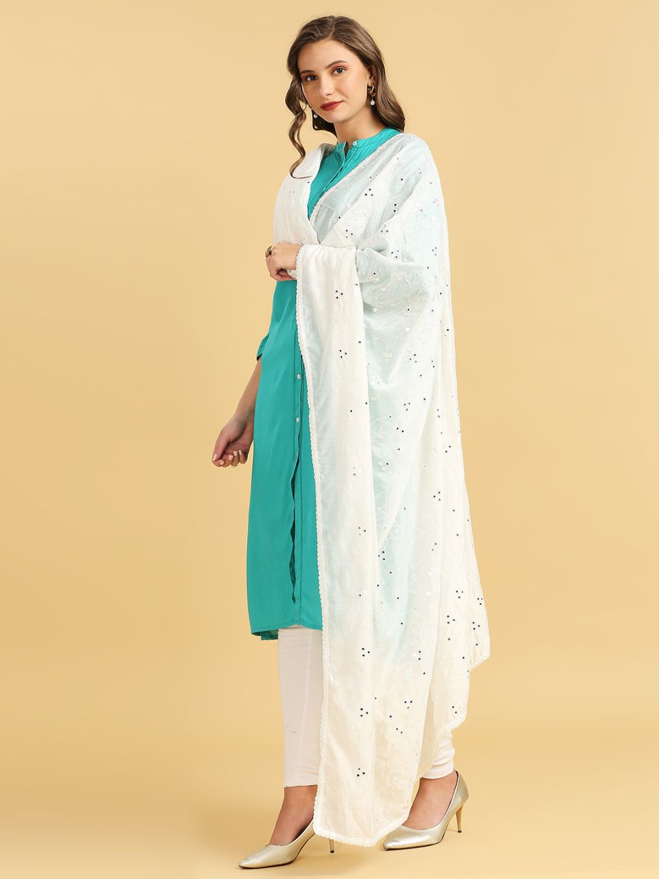 Chanderi Cotton Embroidered Dupatta with Mirror Work.